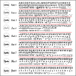 Engraving font guide for a personalized solid gold heart pendant.