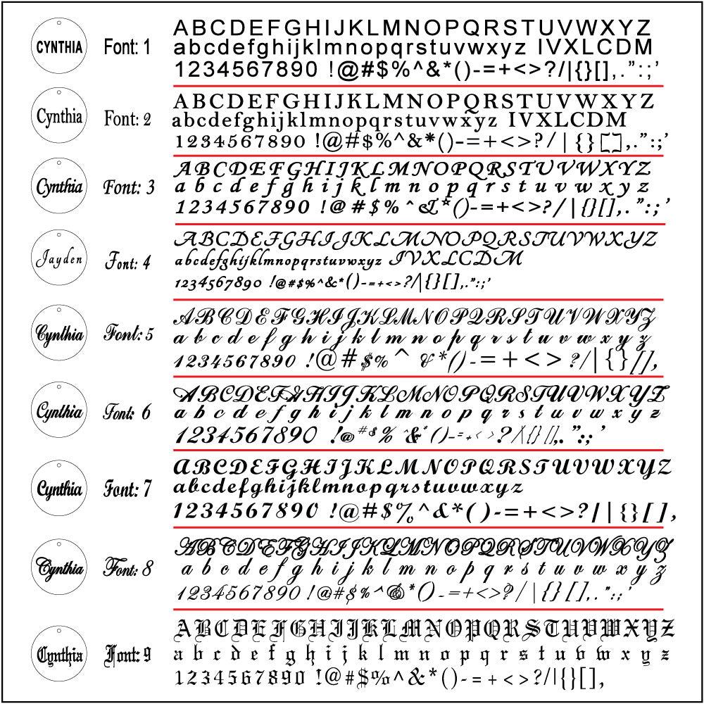 Engraving font guide for a personalized solid gold heart pendant.