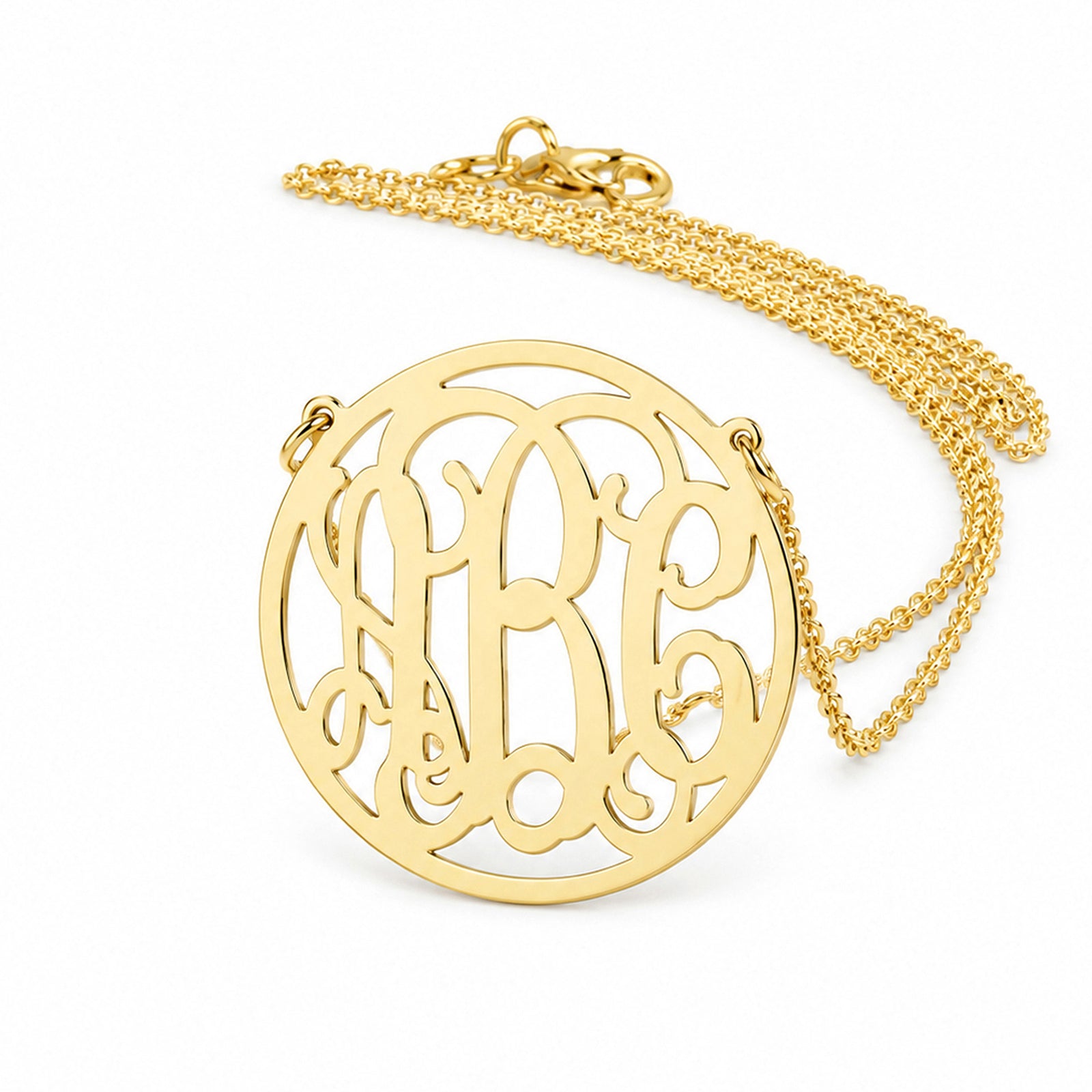 Personalized solid gold 3-initial circle monogram pendant necklace on a white background.