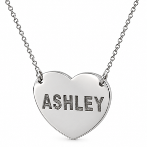 Personalized white gold heart necklace engraved with ASHLEY on a split Rollo chain