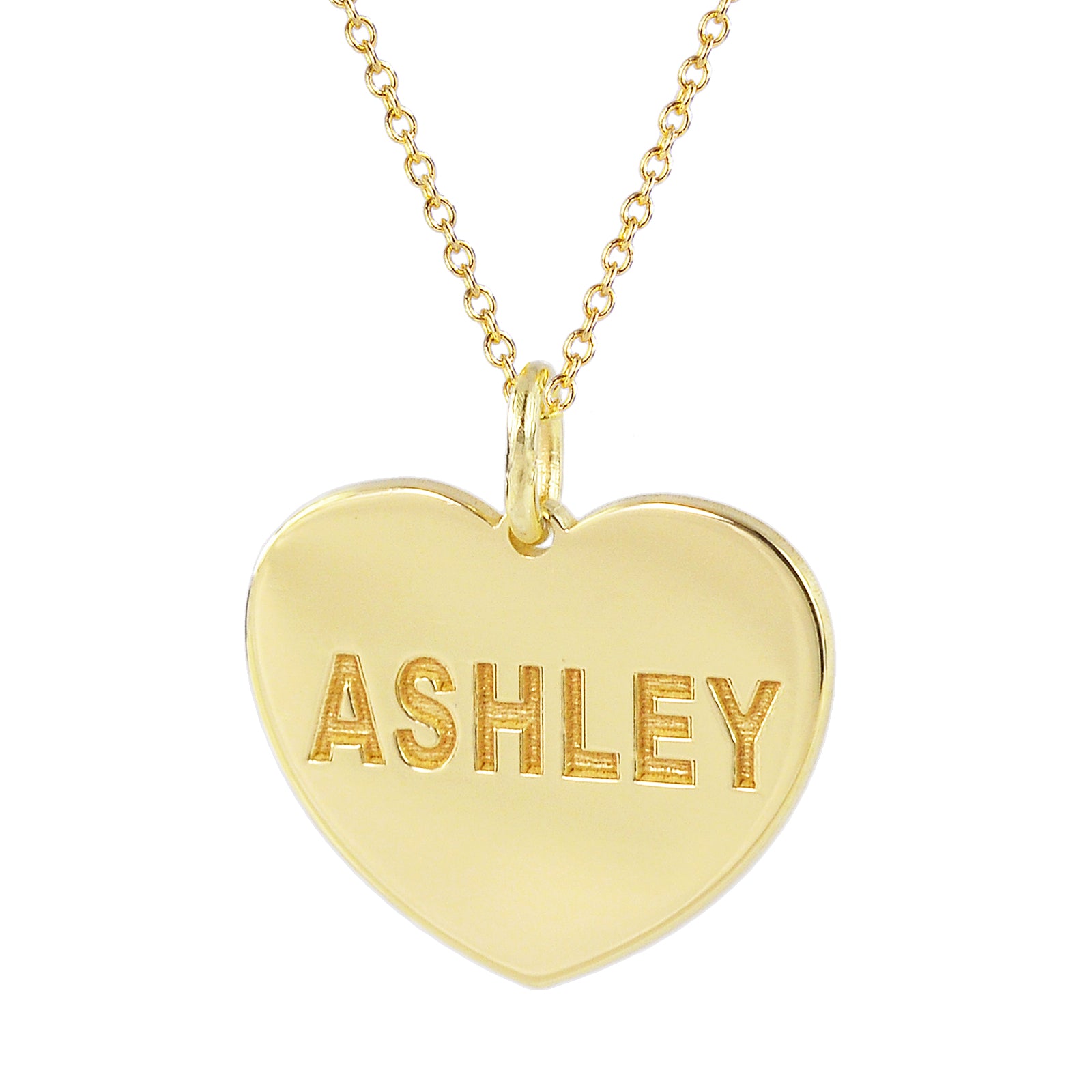 Personalized yellow gold heart charm pendant engraved ASHLEY on a delicate rolo chain