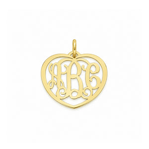 Small 10k or 14k yellow gold heart pendant with a three-initial cutout monogram on a white background.