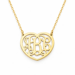 Personalized 10K or 14K solid gold 3-initial heart monogram necklace on a gold chain