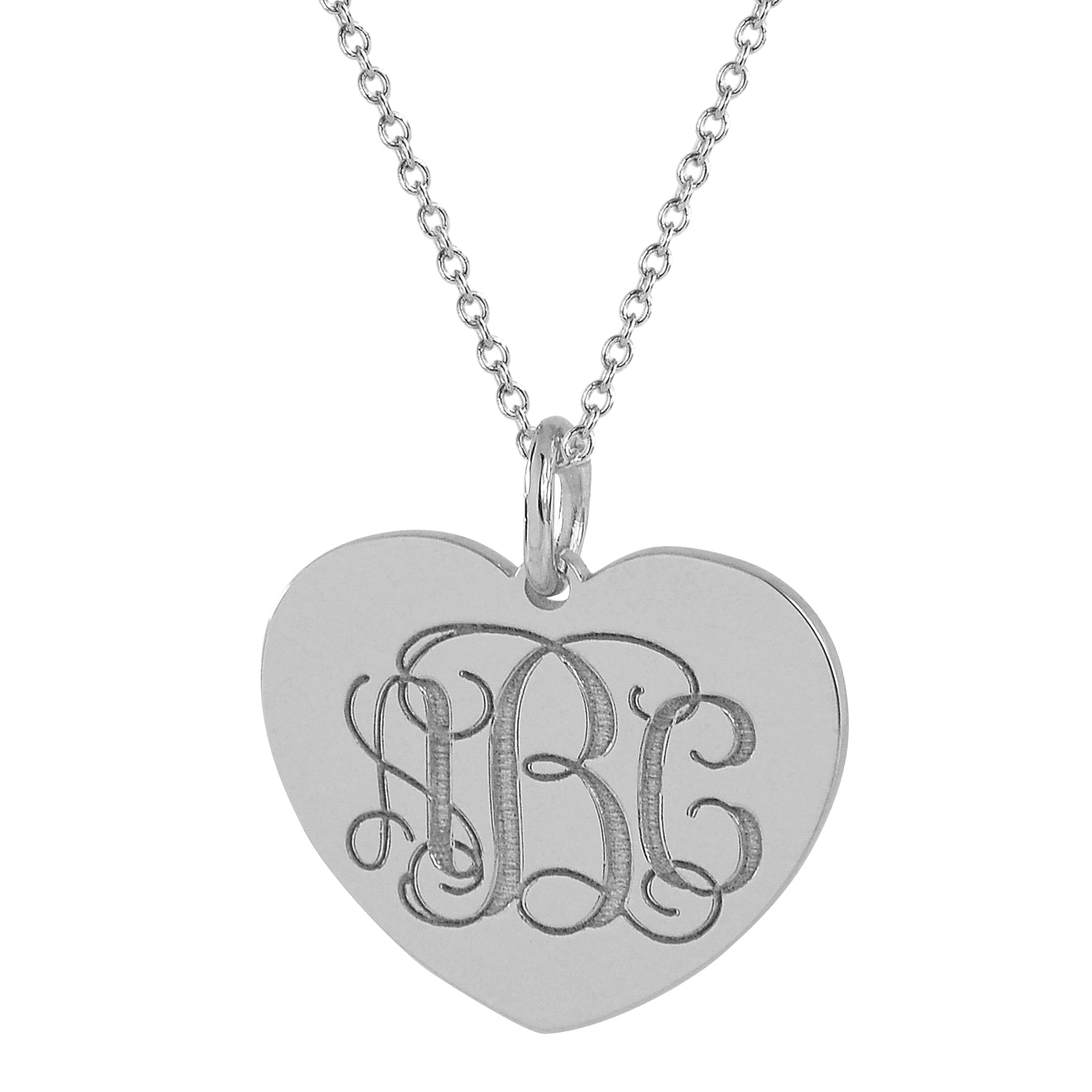 Small 3 initial monogram heart solid gold disc charm pendant in 10k white gold.