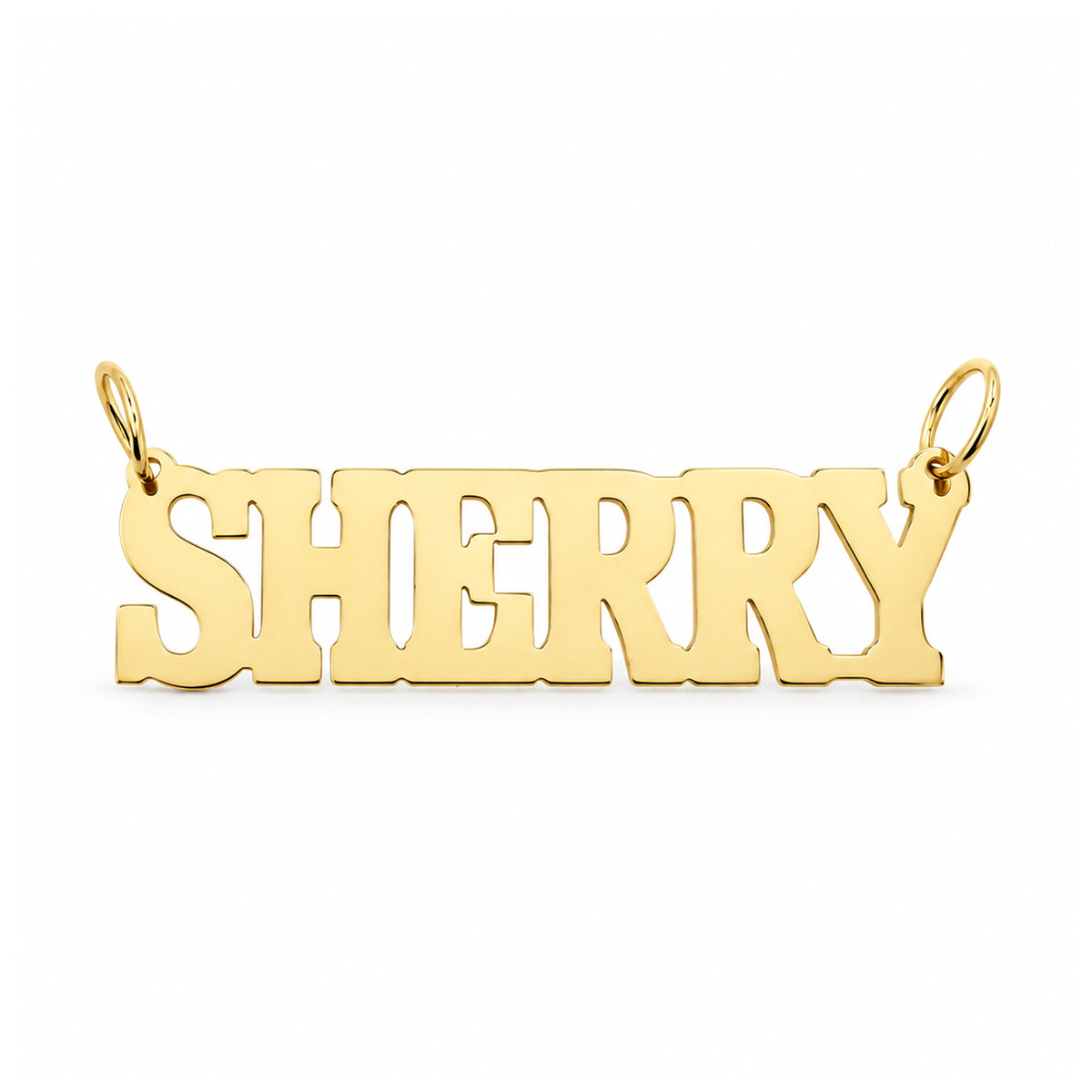 SHERRY personalized yellow gold block-letter name pendant on a white background.