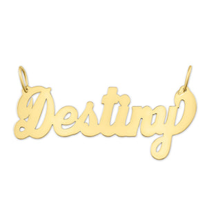 Small custom solid gold script name pendant spelling "Destiny" on a white background.
