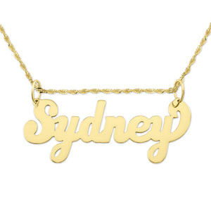 Small personalized 10K or 14K solid yellow gold script name pendant spelling "Sydney" on a white background.