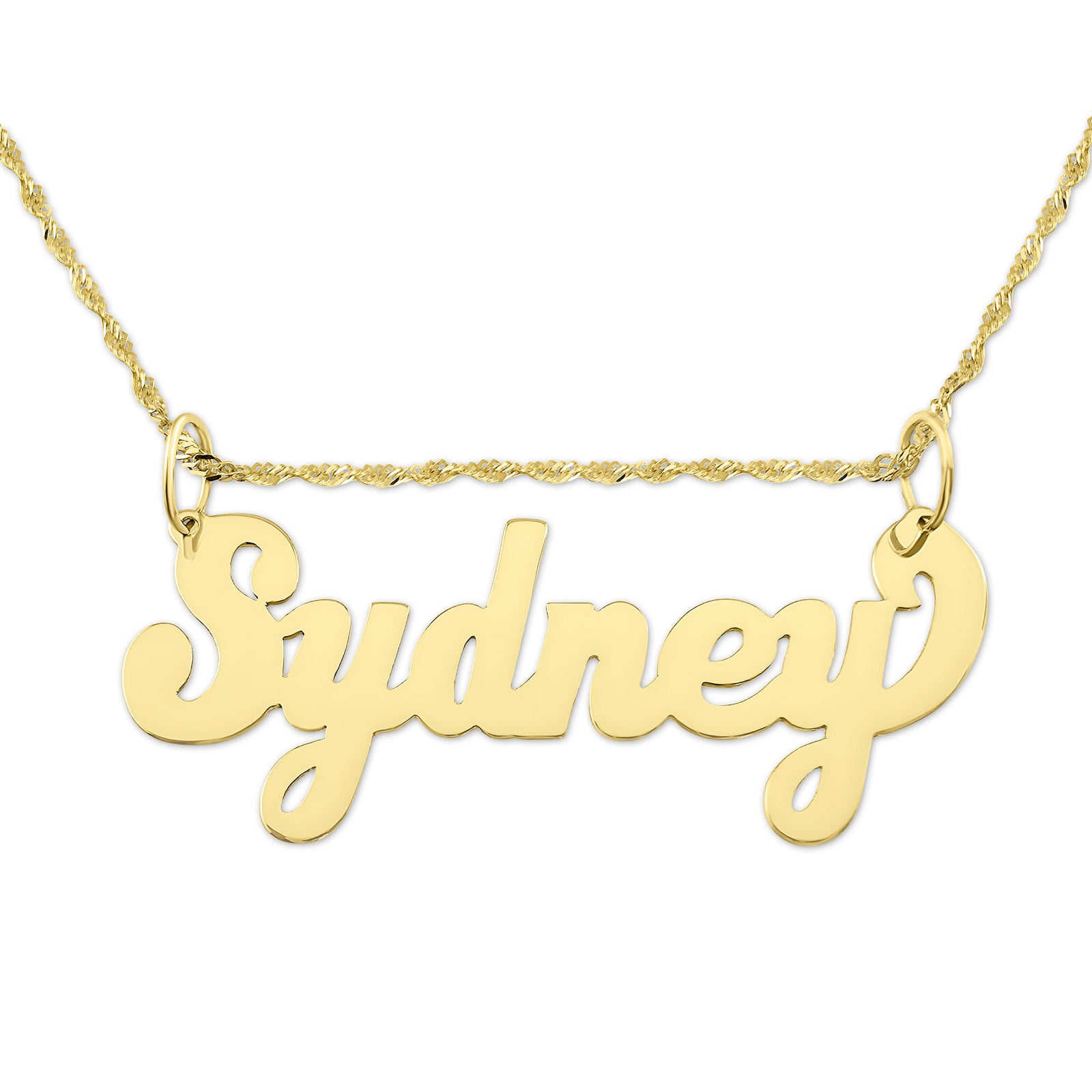 Small personalized 10K or 14K solid yellow gold script name pendant spelling "Sydney" on a white background.