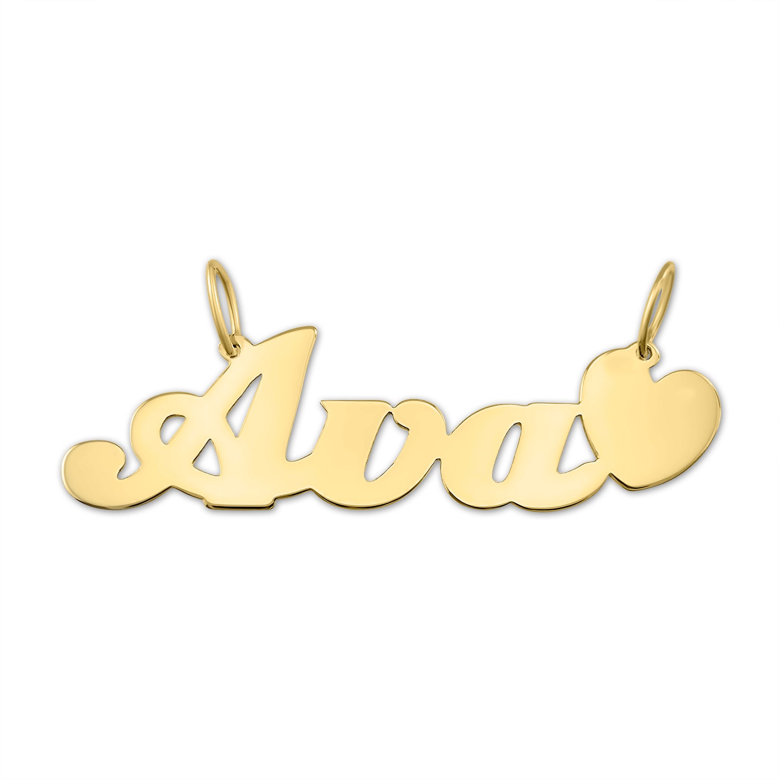 Custom solid yellow gold small script name pendant with a heart accent at the end.