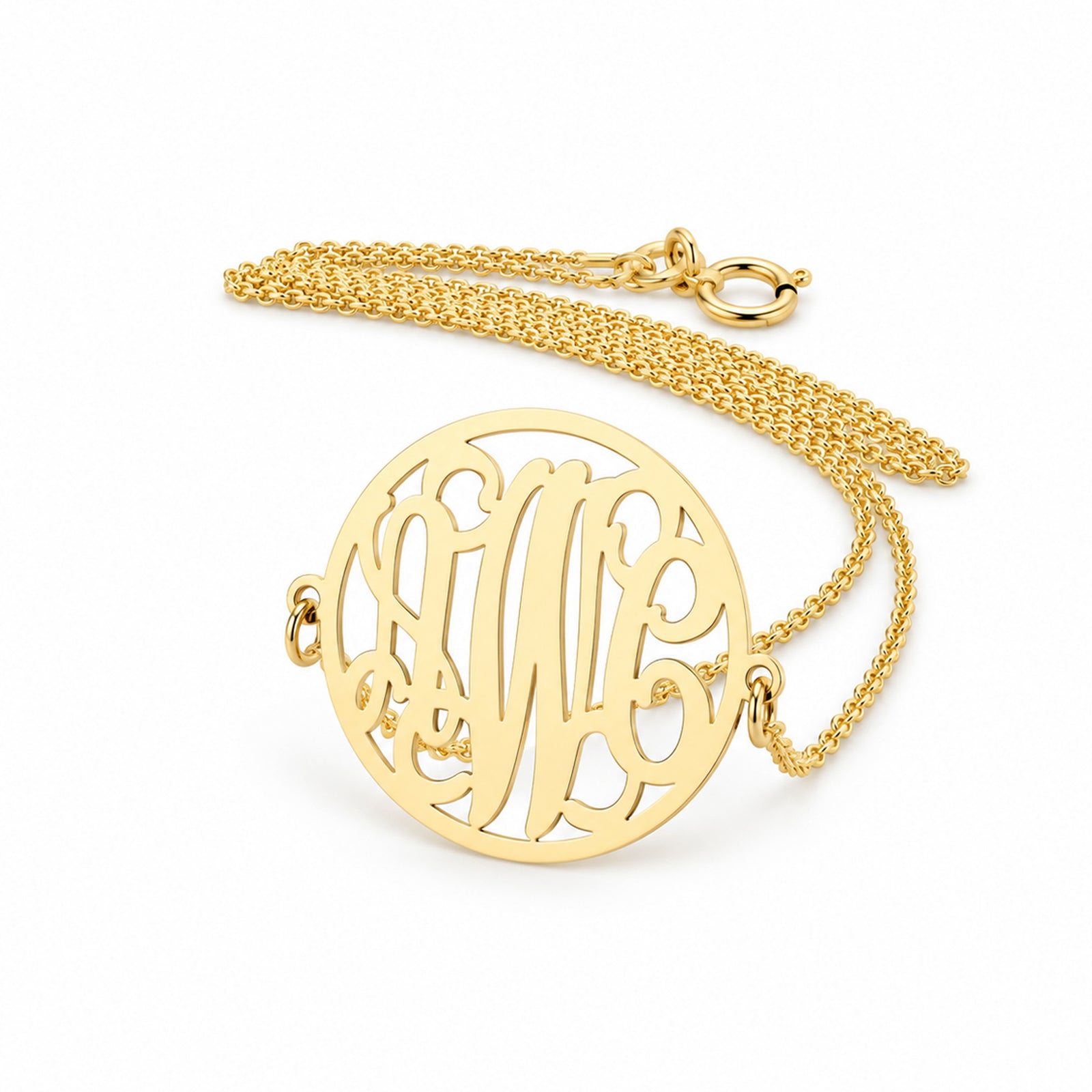 Small solid gold three-initial circle monogram necklace, personalized 10k or 14k gold pendant.