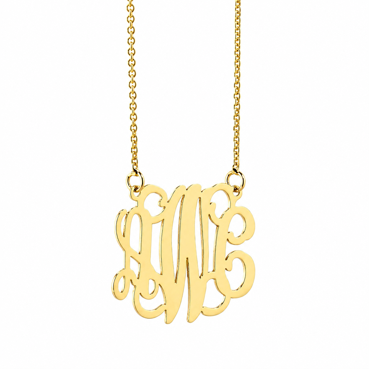 Front view of a small solid yellow gold three-initial monogram pendant on chain