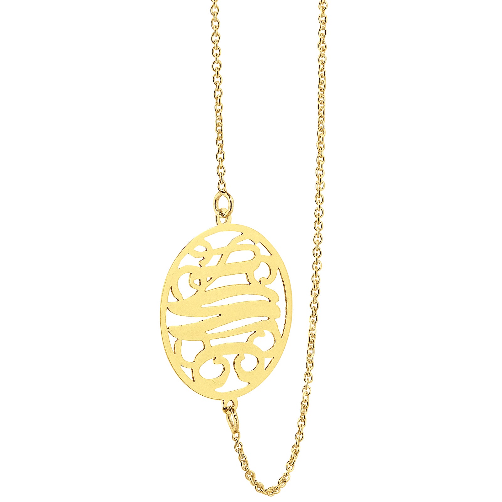 Small solid gold sideway circle pendant necklace with three-initial monogram