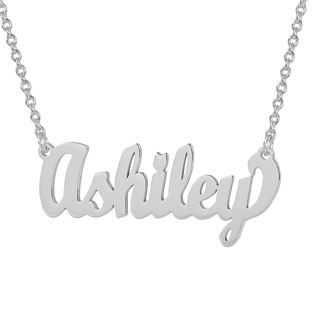 Custom cursive nameplate necklace in .925 sterling silver featuring the name Ashley on a delicate Rollo chain