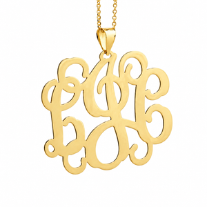 Front view of custom solid 10k or 14k yellow gold 3-initial monogram pendant necklace