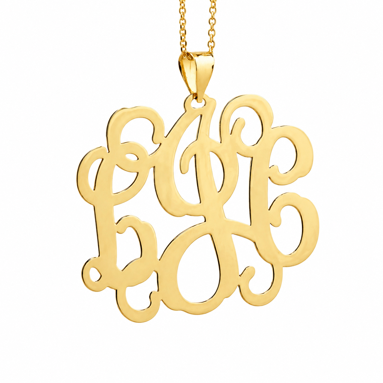 Front view of custom solid 10k or 14k yellow gold 3-initial monogram pendant necklace