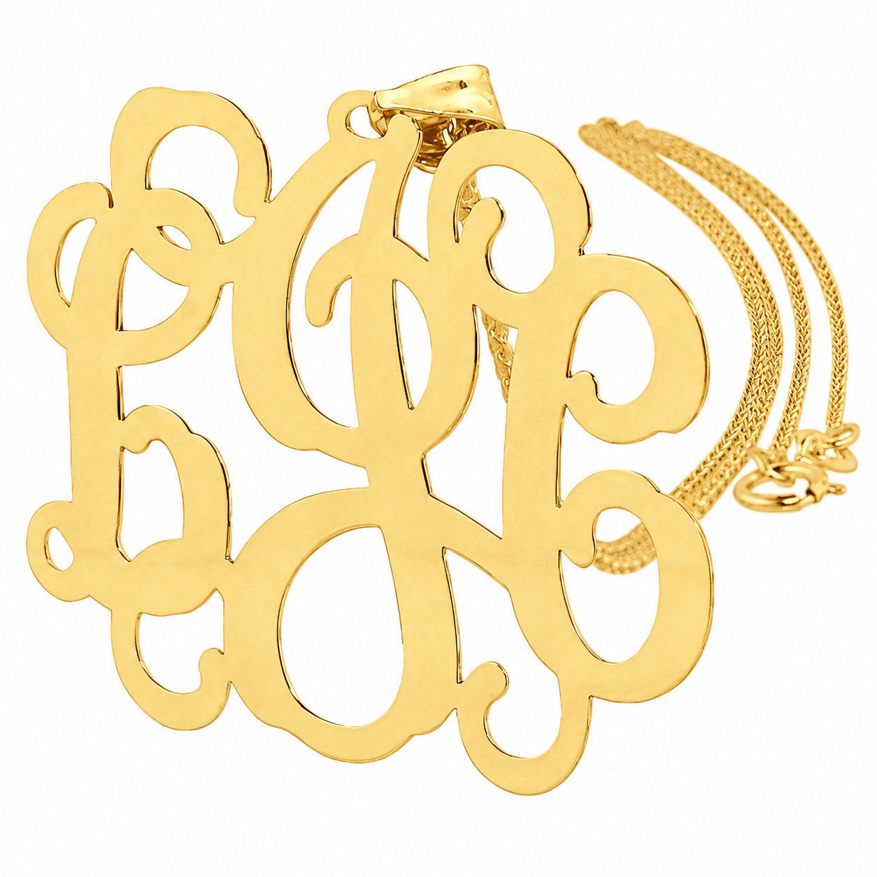 Custom solid 10k or 14k yellow gold 3-initial monogram pendant with matching gold chain