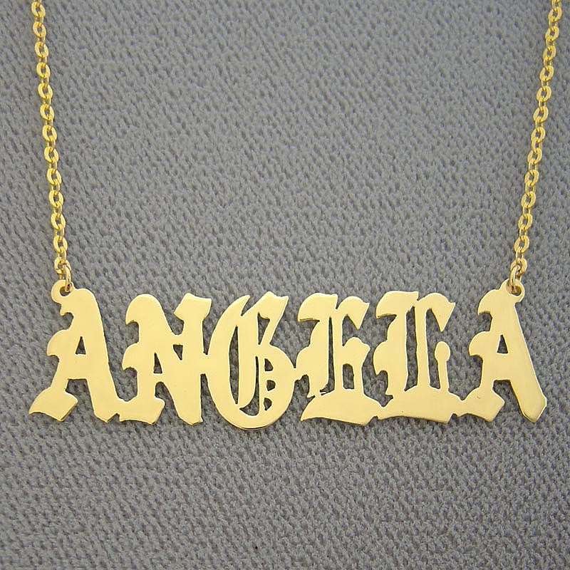 Custom solid 14K gold Old English name necklace featuring the name "Angela" with a high-polish finish on a split chain.