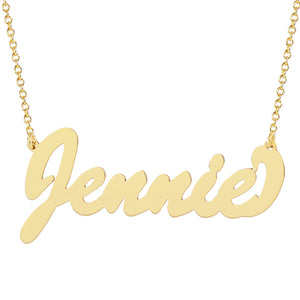 Solid 10k yellow gold personalized script name necklace featuring the name Jennie on a fine chain.