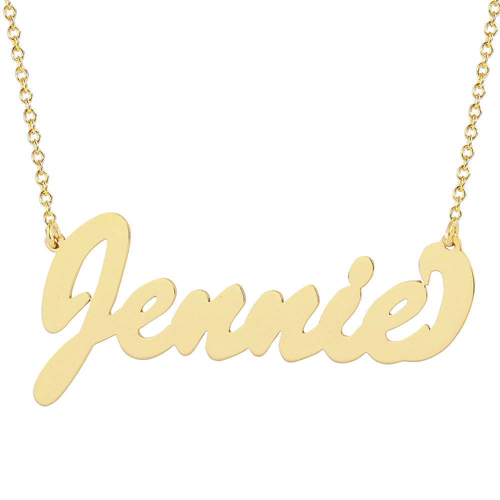 Solid 10k yellow gold personalized script name necklace featuring the name Jennie on a fine chain.