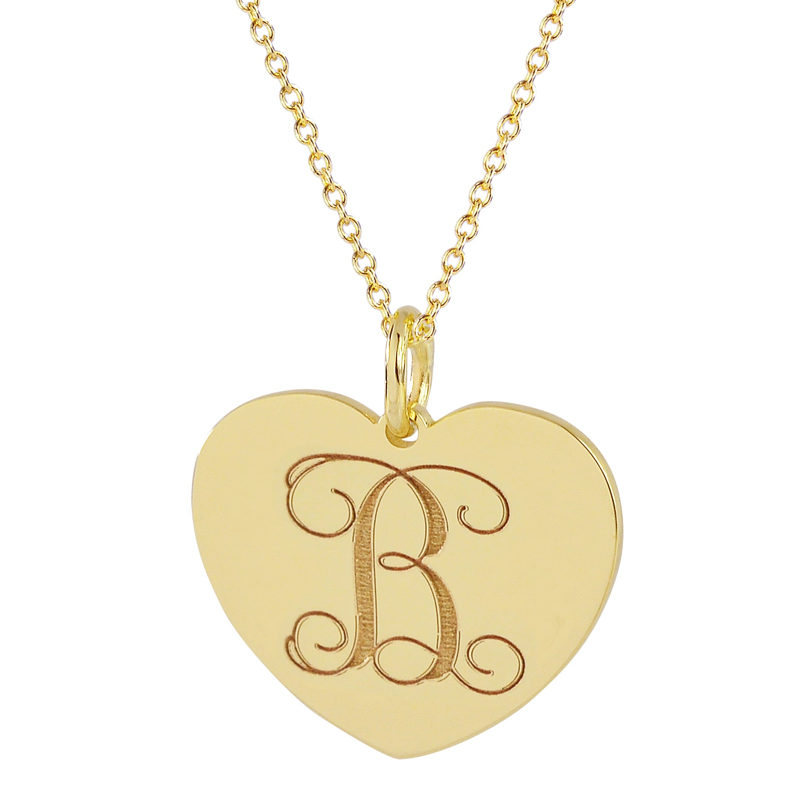 Solid 10K yellow gold monogram heart disc charm pendant with matching chain
