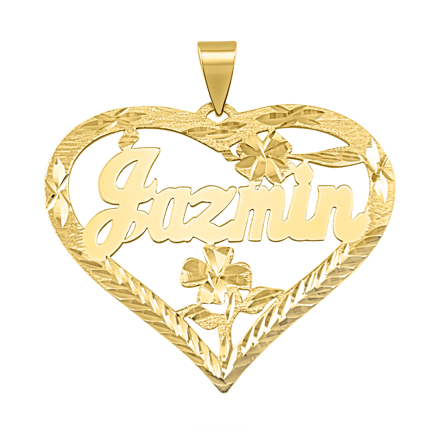 Solid 10k yellow gold personalized heart name pendant with diamond-cut flower detailing