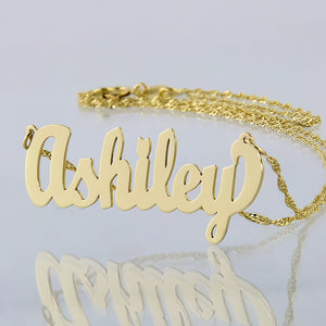Custom solid 10k yellow gold script small nameplate necklace spelling Ashley on a Singapore gold chain.