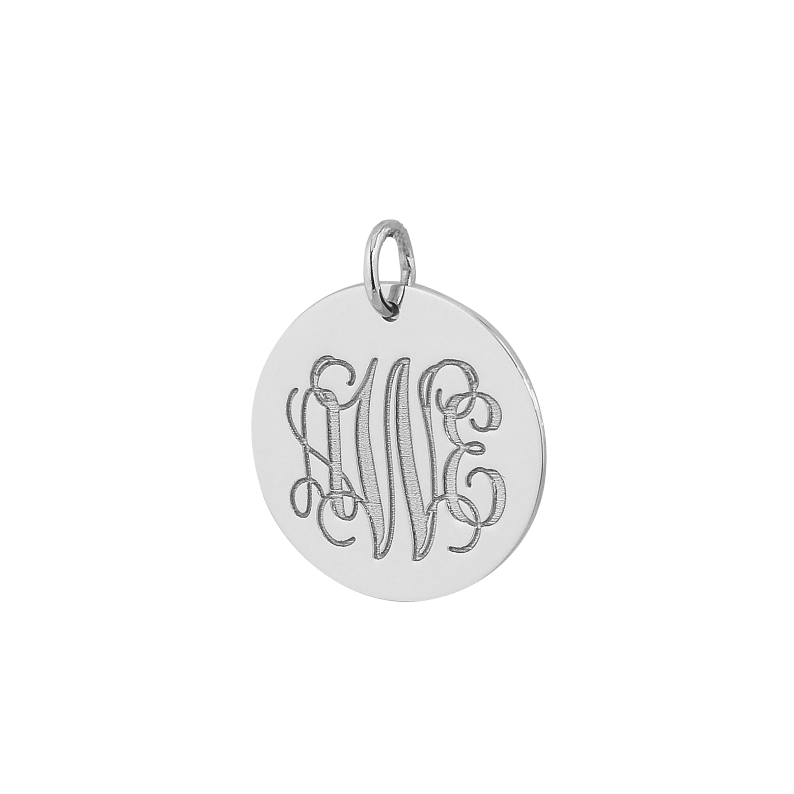 Solid 14K white gold monogrammed round charm pendant featuring custom double-sided laser engraving options.