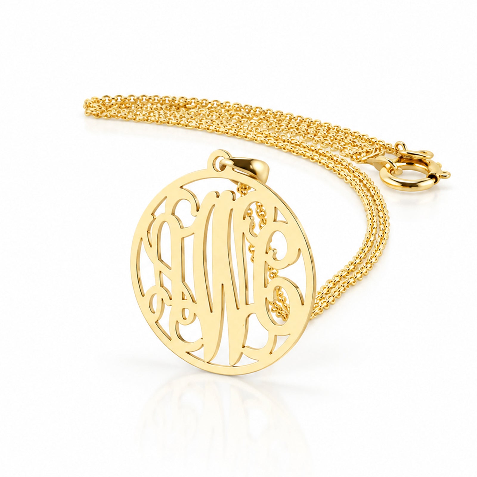 Solid gold three-initial circle monogram necklace pendant in 10k or 14k gold