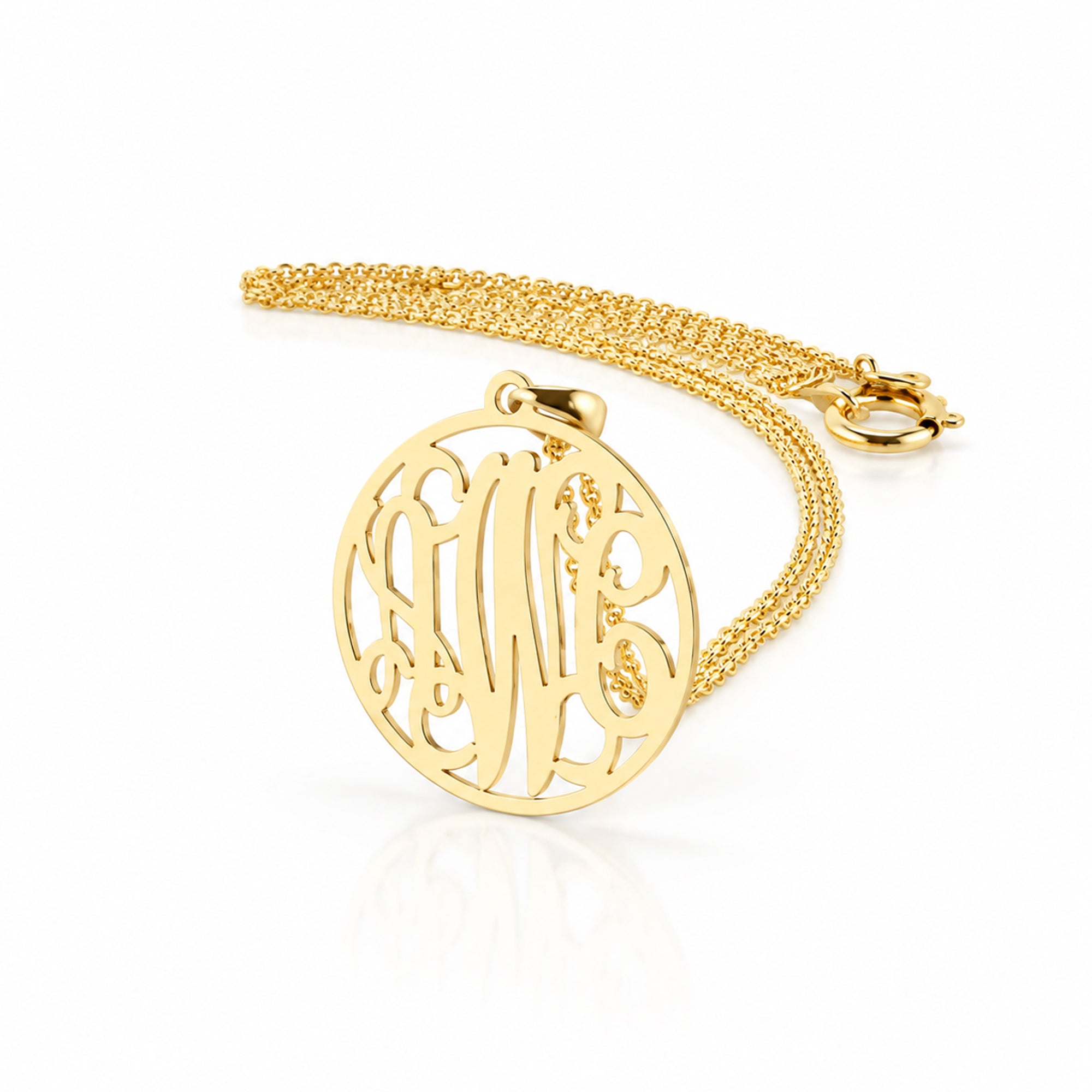 Custom solid gold 3-initial circle monogram pendant necklace on a delicate gold chain.