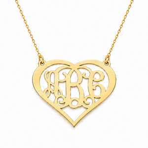 Solid gold 3-initial heart monogram necklace, personalized pendant for women