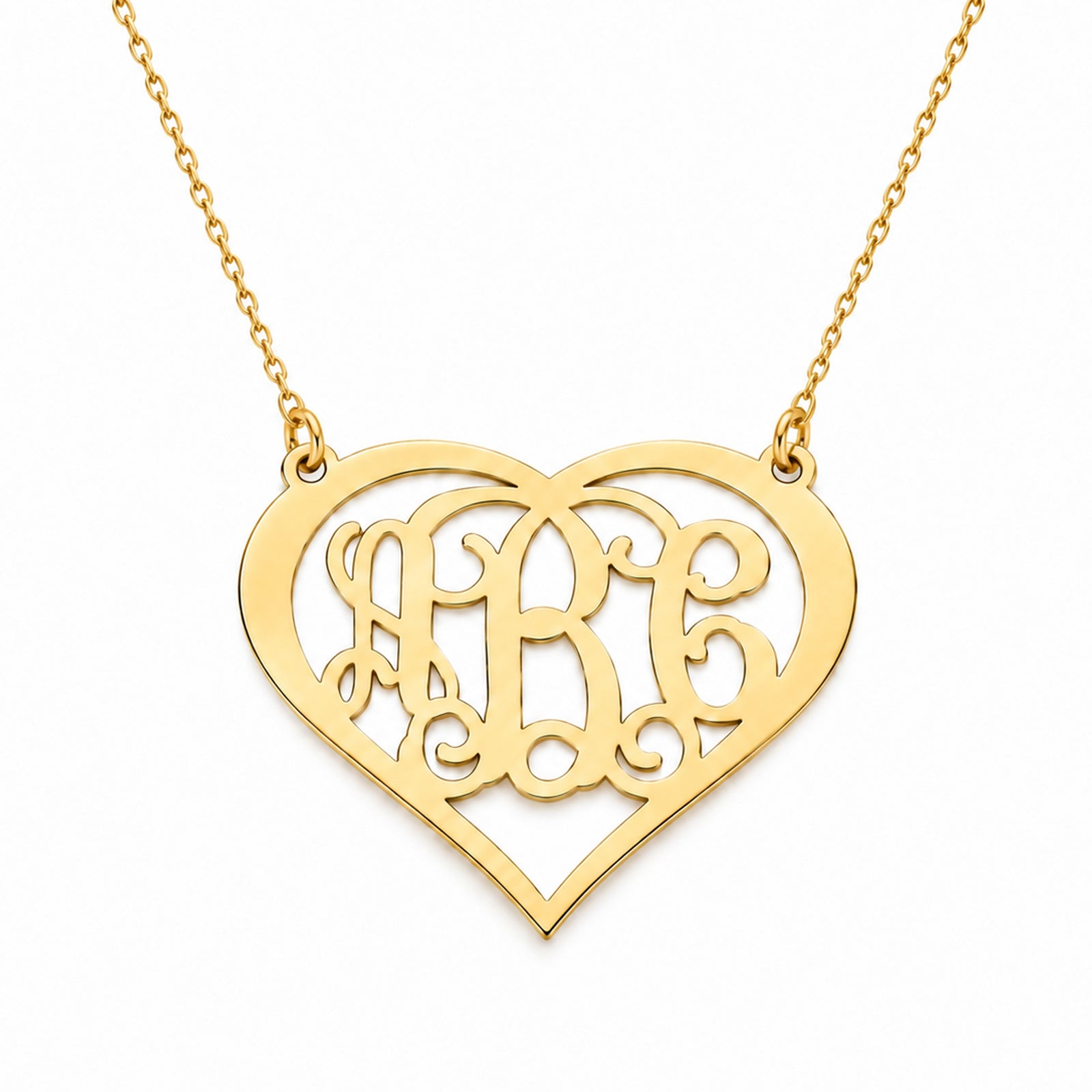 Solid gold 3-initial heart monogram necklace, personalized pendant for women