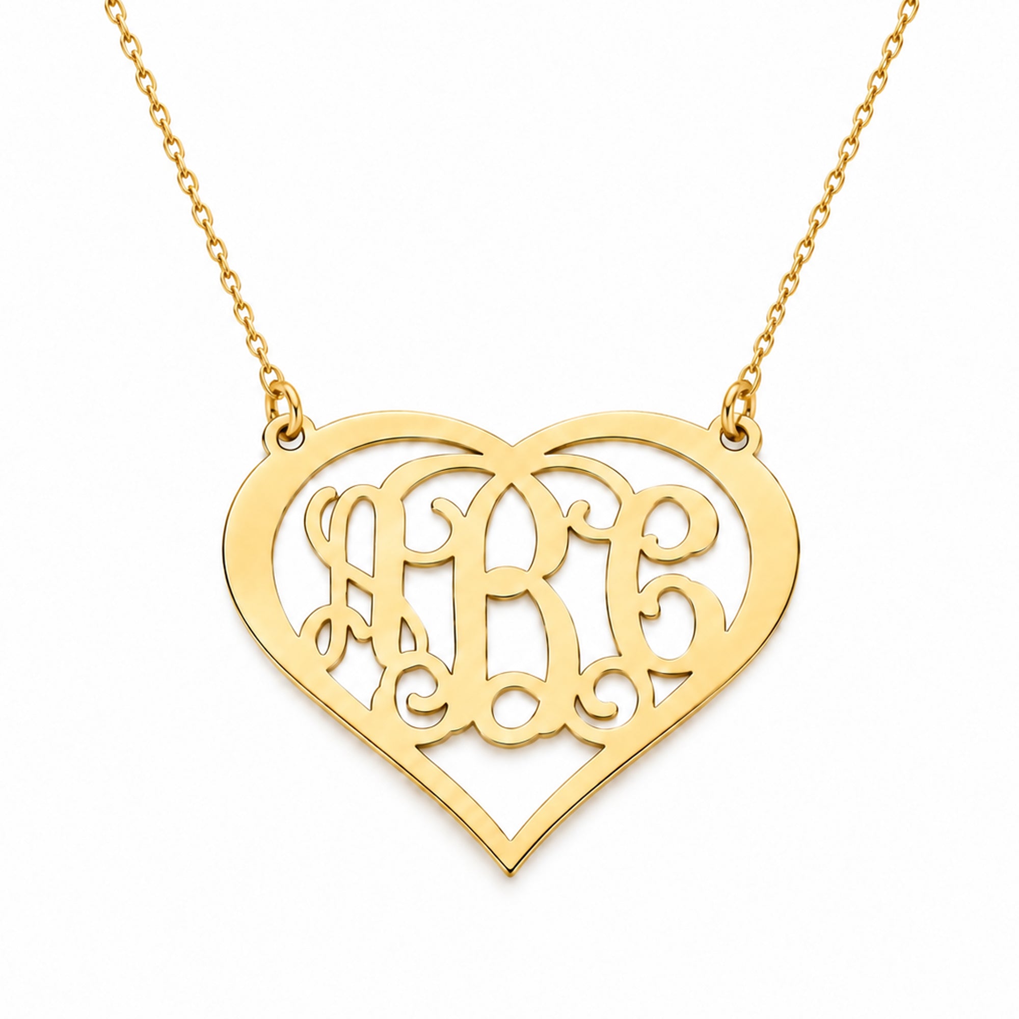 Solid gold 3-initial heart monogram necklace, personalized pendant for women