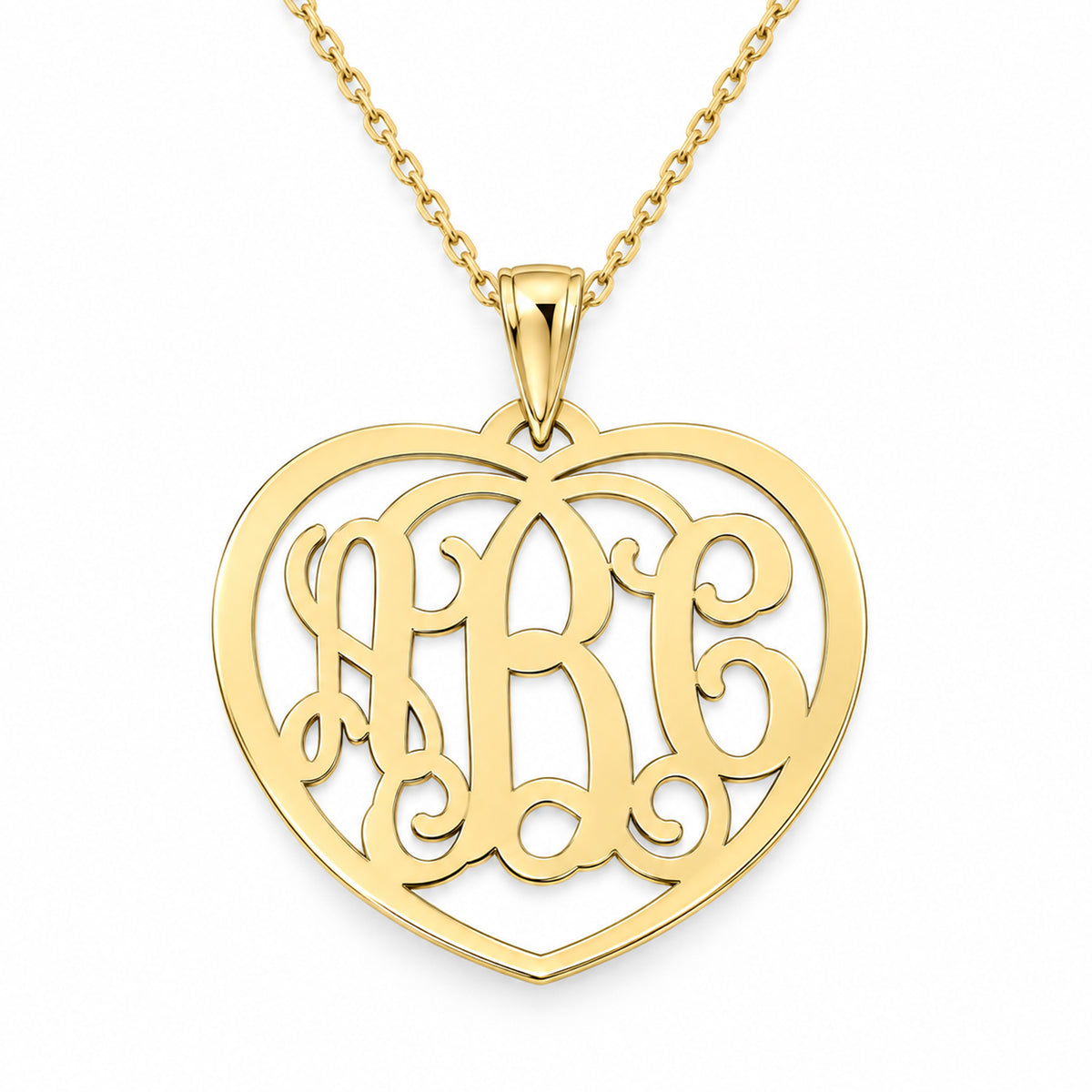 Yellow gold 3-initial heart monogram pendant necklace on a white background.