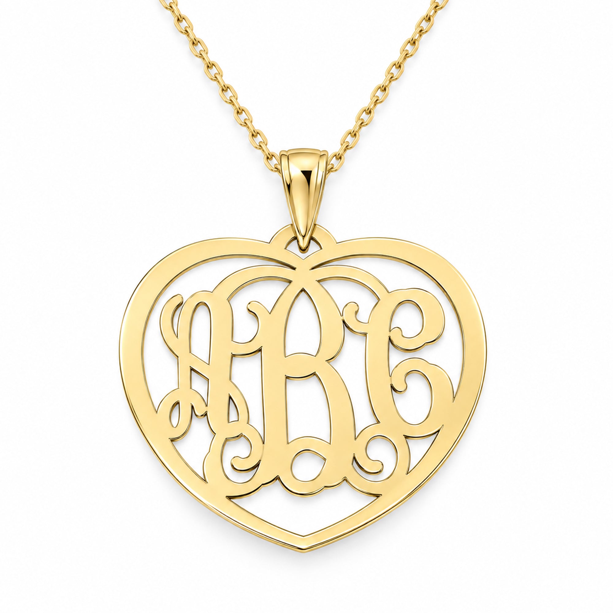 Yellow gold 3-initial heart monogram pendant necklace on a white background.