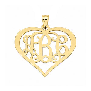 Solid yellow gold 3-initial heart monogram pendant