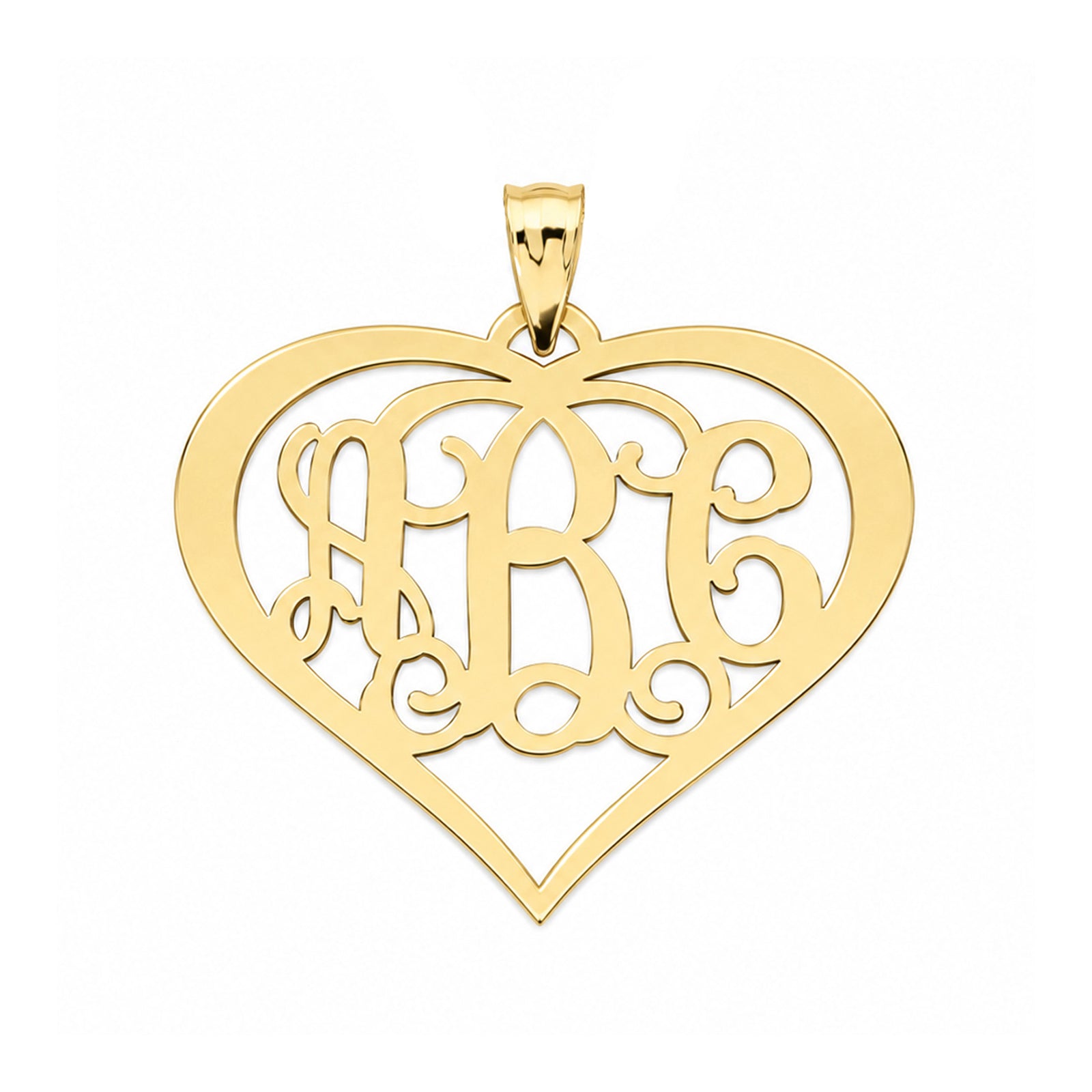Solid yellow gold 3-initial heart monogram pendant