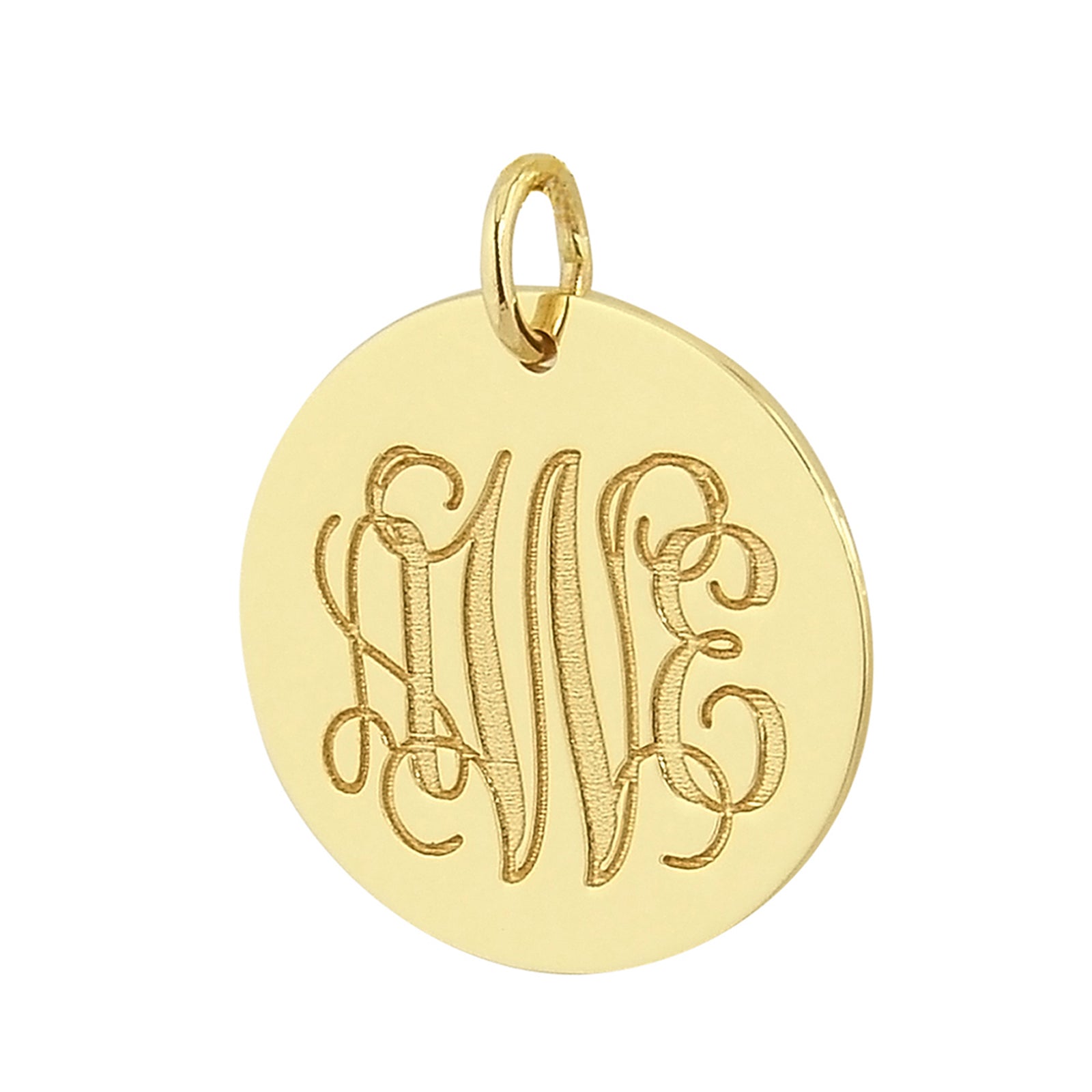 Solid 10K yellow gold 0.75-inch circle disc pendant featuring a classic 3-initial laser engraved monogram script.