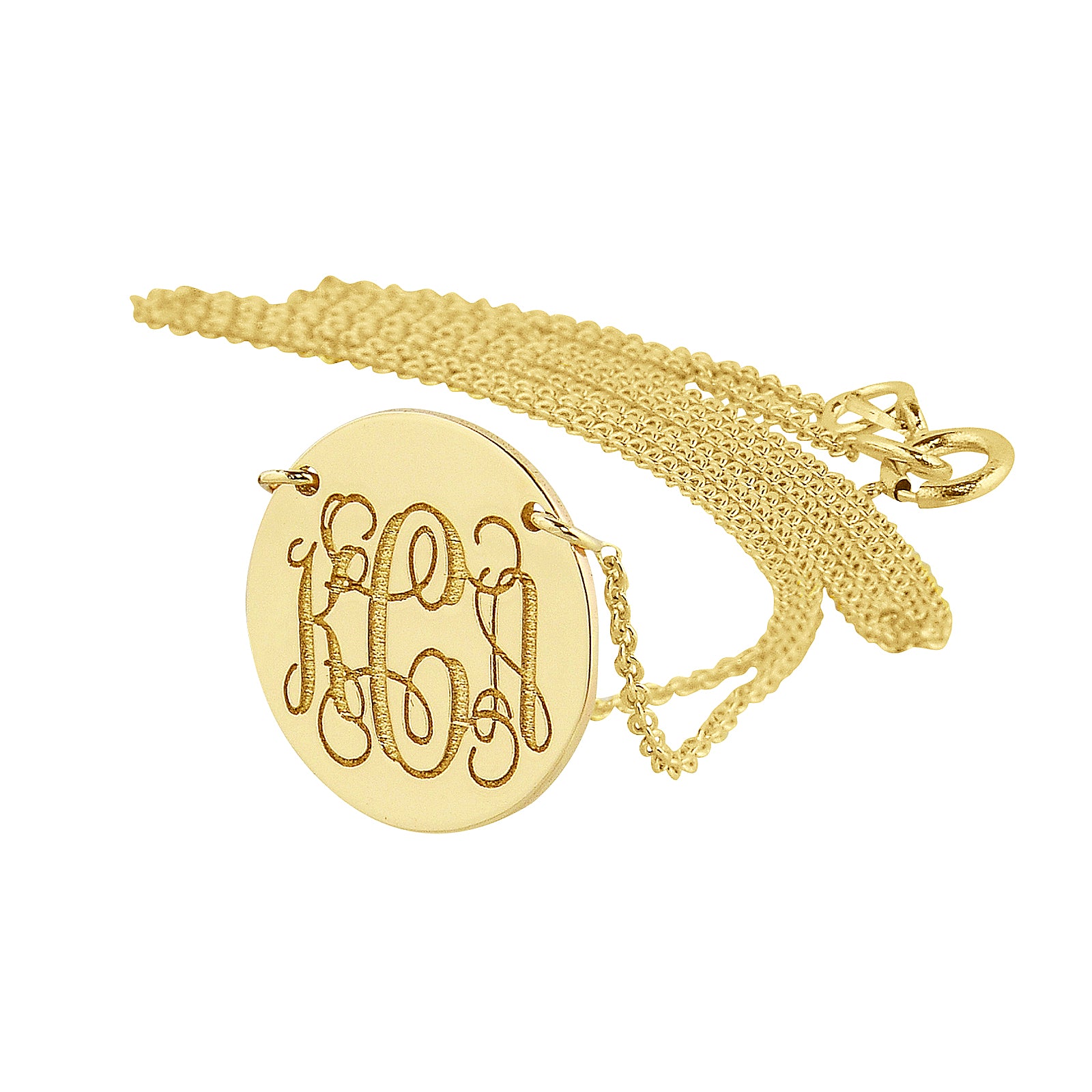 10k solid yellow gold round disc pendant engraved with a 3-letter monogram on a gold chain.