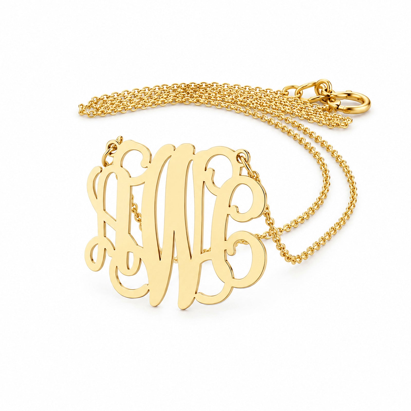 monogram pendant necklace shown on a chain against a white background