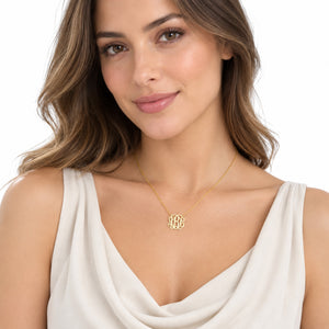 Model wearing handcrafted solid gold mini 3-initial monogram necklace.