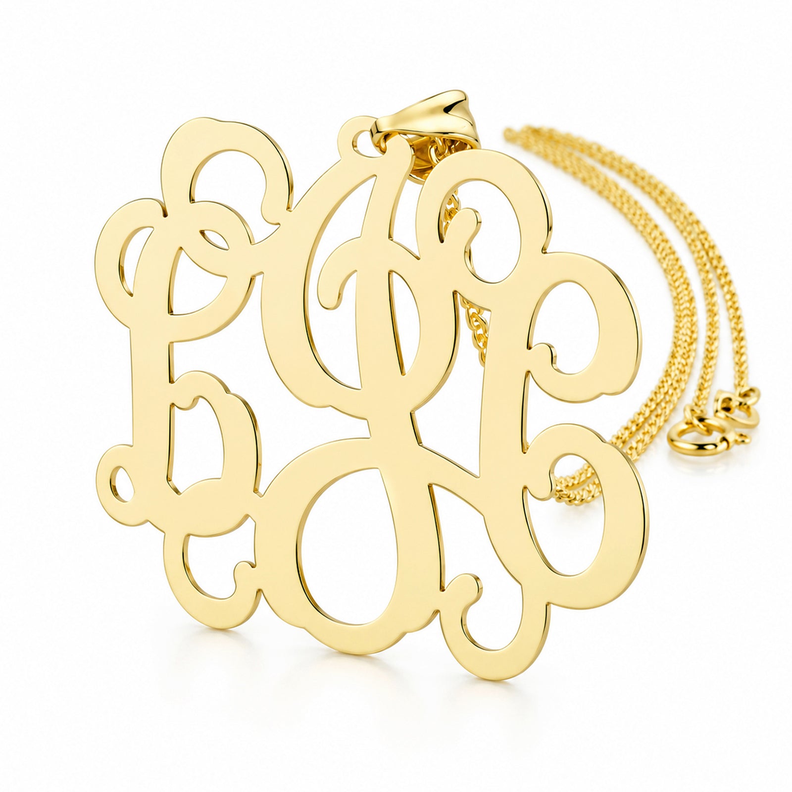 Solid 10K or 14K gold 3-initial monogram pendant necklace with chain, 1.25 inches