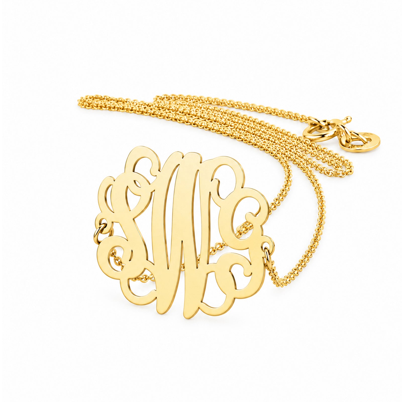Personalized solid gold 3-initial monogram sideways necklace on a delicate chain.