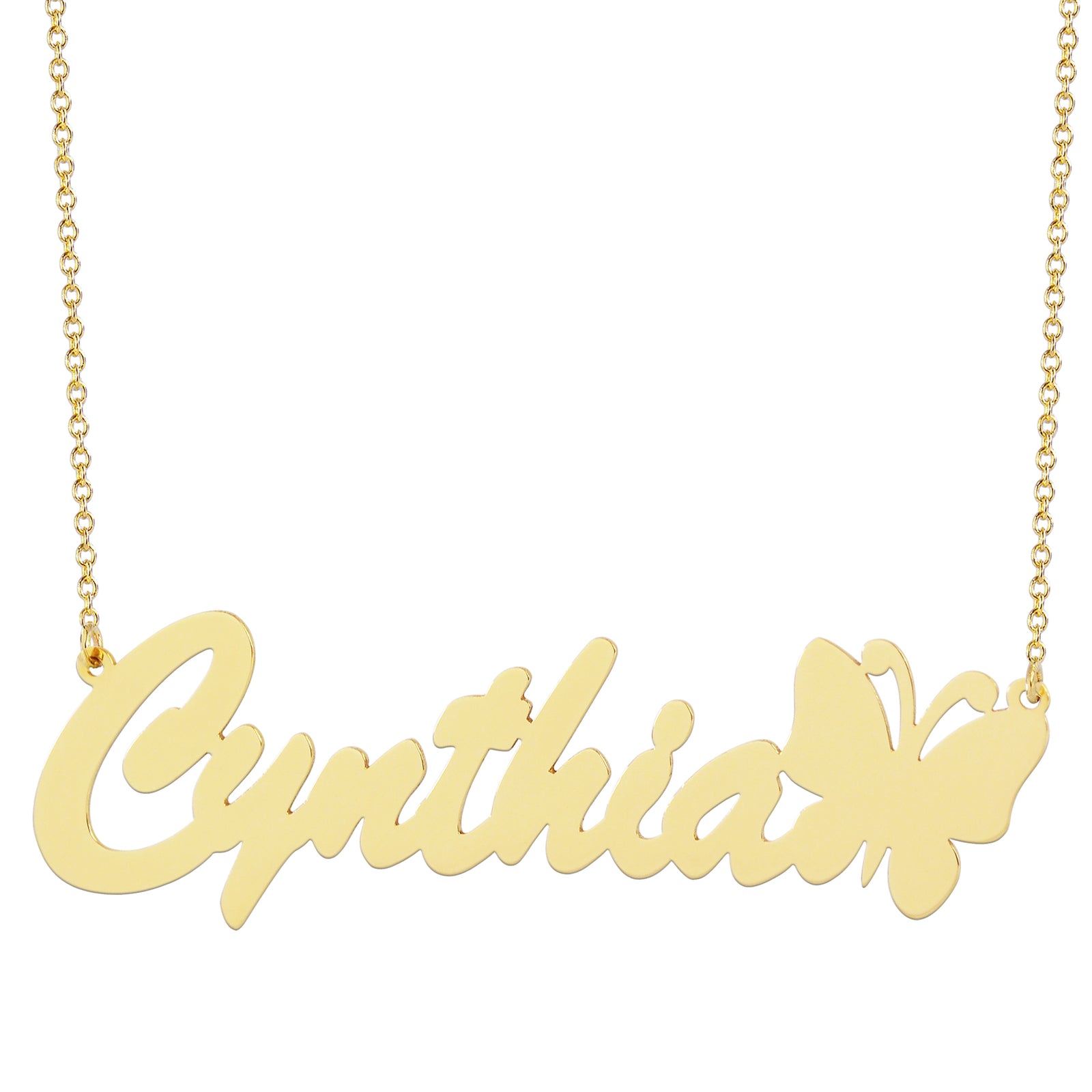 Solid gold nameplate necklace spelling Cynthia in script font with a butterfly accent