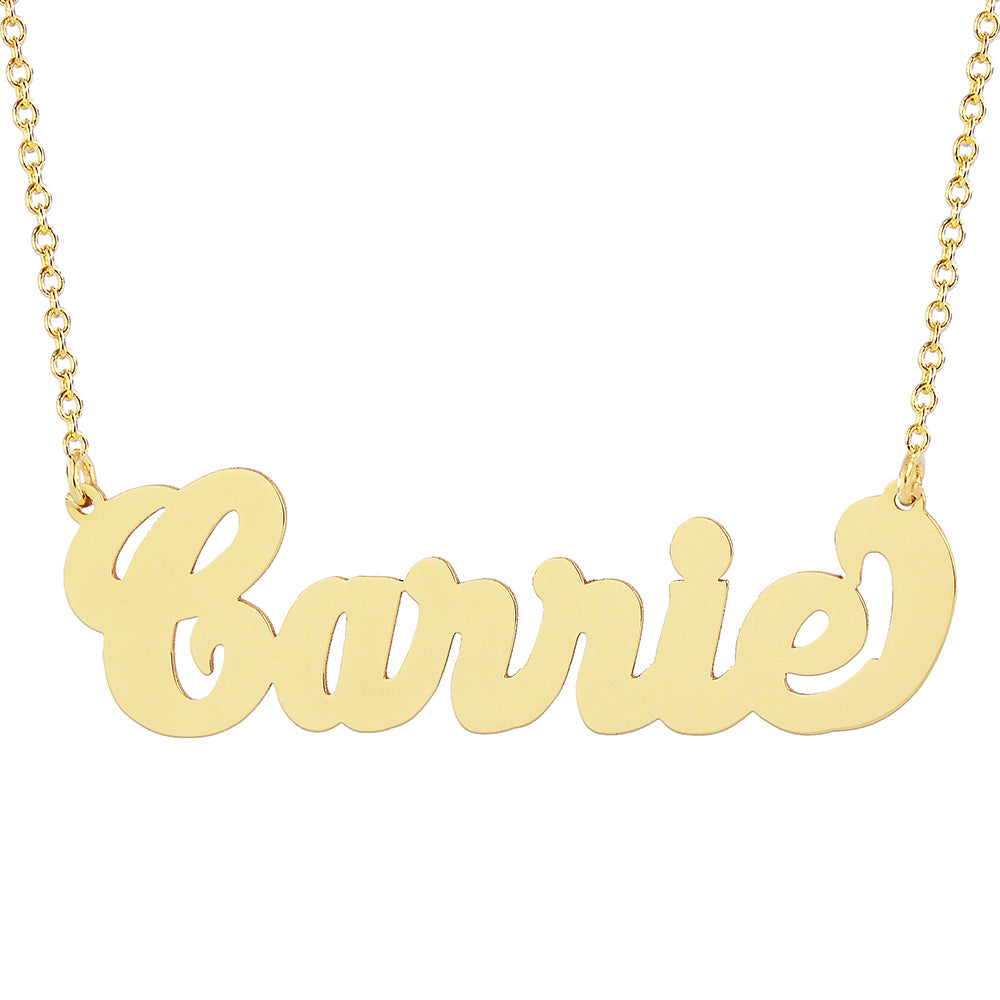 Solid 10k yellow gold cursive Carrie script name necklace on a gold chain.