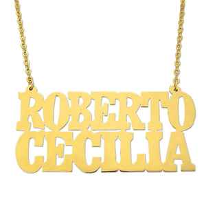 Handcrafted solid yellow gold custom couple nameplate pendant with double name block lettering.