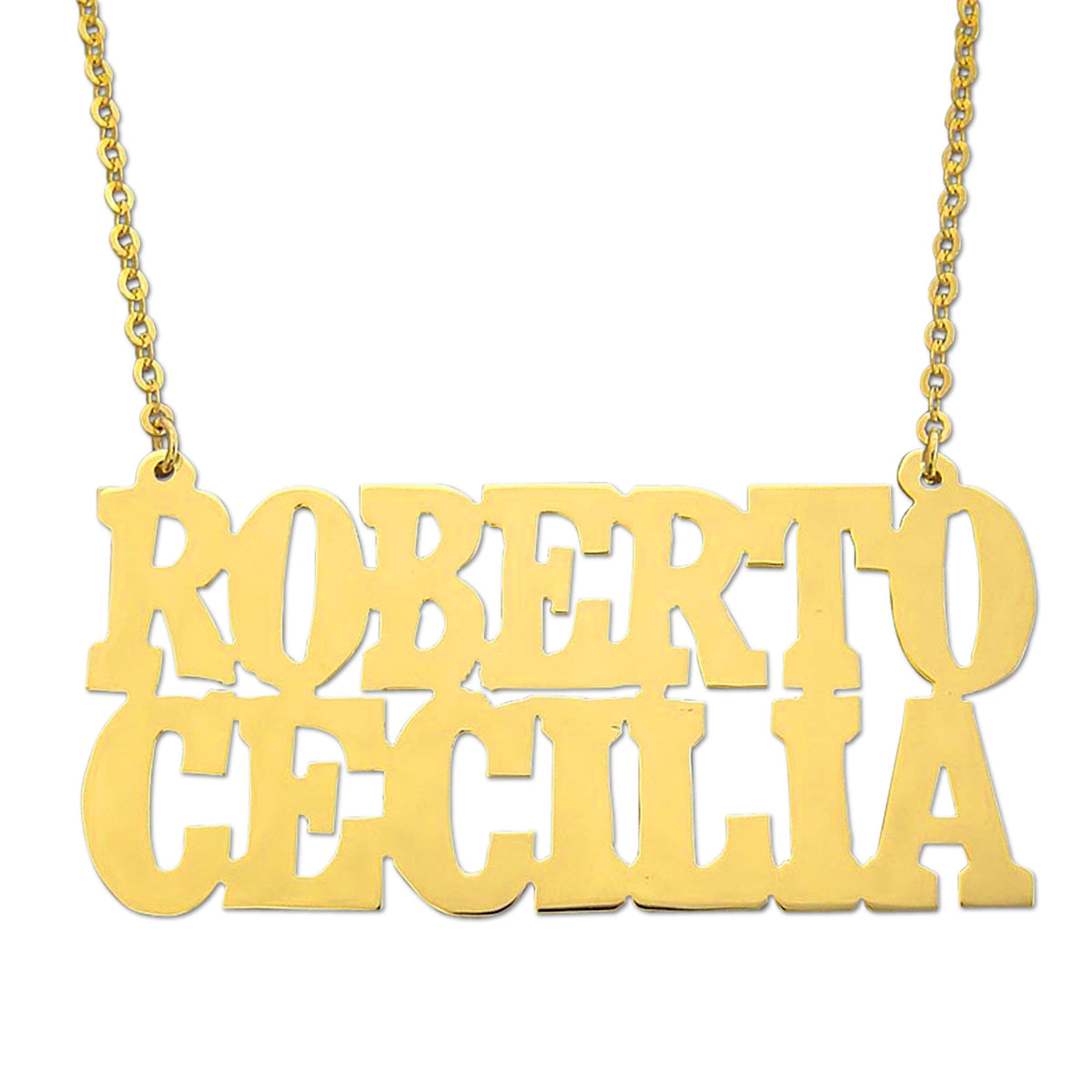 Handcrafted solid yellow gold custom couple nameplate pendant with double name block lettering.
