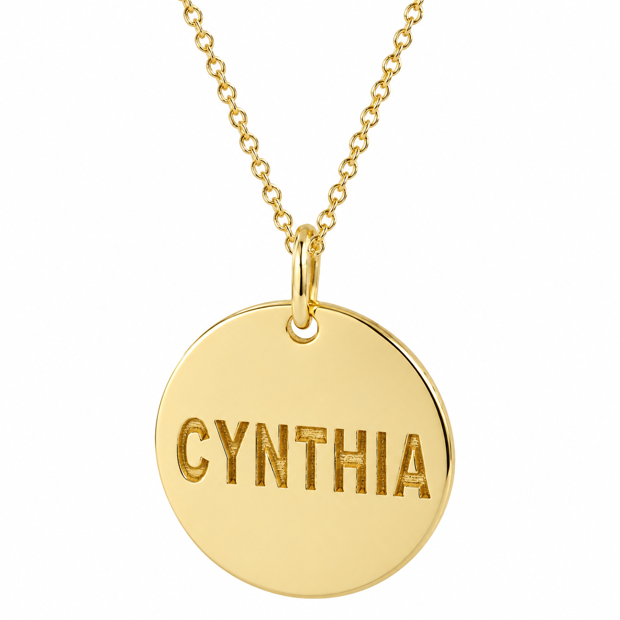 Solid gold custom engraved round disc pendant attached to a delicate gold Rolo chain.