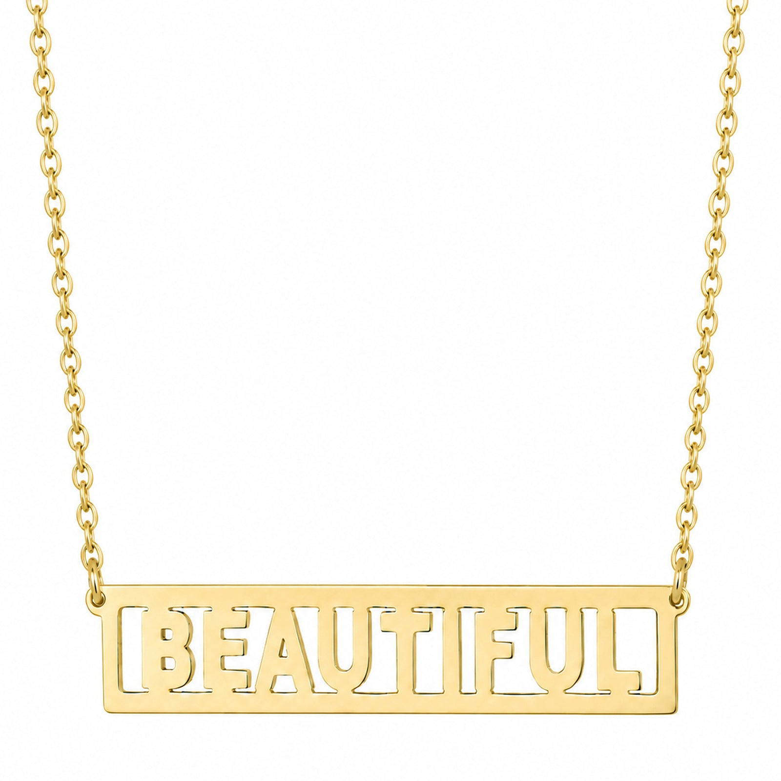 Yellow gold horizontal bar necklace with BEAUTIFUL cutout lettering on a white background