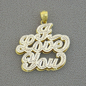 Solid gold two-tone "I Love You" double plate pendant charm with hand-engraved diamond-cut details on a white background.