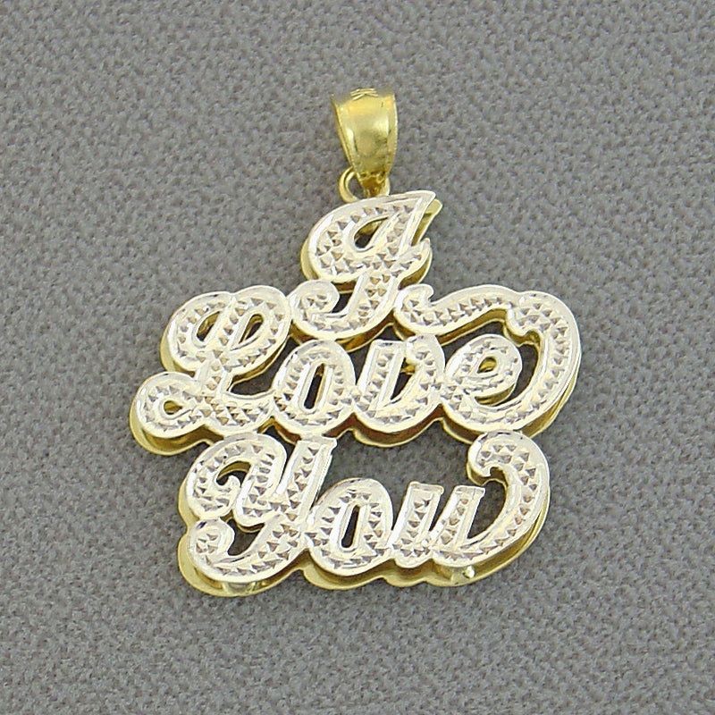 Solid gold two-tone "I Love You" double plate pendant charm with hand-engraved diamond-cut details on a white background.